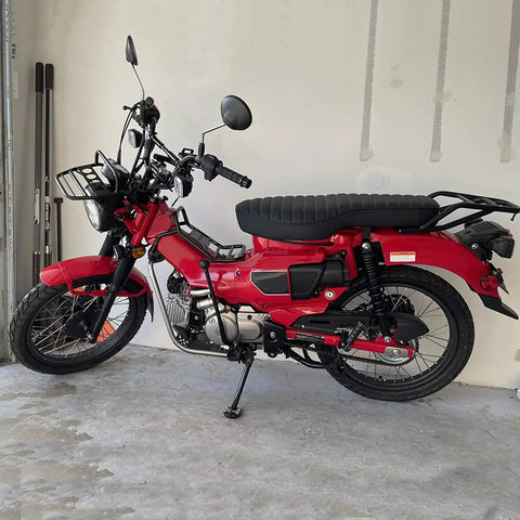 Red motorbike side view showing details for Universal 135 Degree Hand Gear Shifter Lever For Taotao Sunl Coolster 110cc 125cc 135cc 150cc