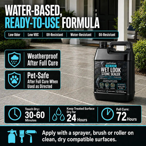 Fresh High Gloss Wet Look Stone Sealer For Pavers And Concrete Tough Color Brightening Formula displayed in front of a residential patio.