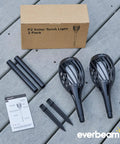 P2 Solar Flickering Flame Torch Light With Realistic Fire, IP65 Waterproof Outdoor Tiki Lamp, 1 Pack components laid out