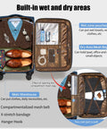 Softside Expandable Carry On Luggage With Four Spinner Wheels, Durable 21-Inch Suitcase Expands About 20 Percent For Extra Packing Room, Purple Weekend Ready displayed open, showing organized compartments with formal wear and accessories.