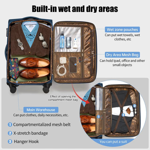 Softside Expandable Carry On Luggage With Four Spinner Wheels, Durable 21-Inch Suitcase Expands About 20 Percent For Extra Packing Room, Purple Weekend Ready displayed open, showing organized compartments with formal wear and accessories.