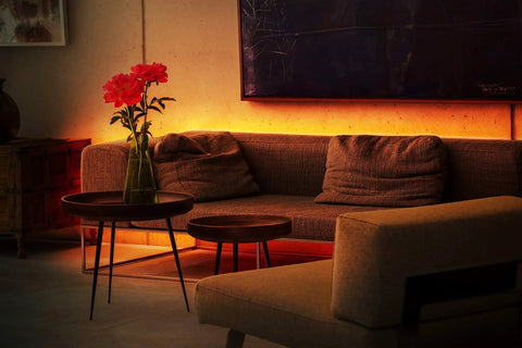 Living room with warm glow from Smart LED Light Strip With Full Color Spectrum And White 1800 Lumens Adaptive Lighting