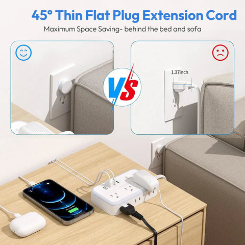 25 Ft Flat Plug Extension Cord With 6 Outlets And 4 USB Ports Heavy Duty Power Strip With Overload Protection For Indoor Use White Right Angle Outlet Extender For Home Office Easy Cable Management, 45° thin flat plug behind sofa