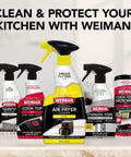 Front view of six Weiman kitchen cleaners and wipes, center 14 oz Foaming Air Fryer Cleaner with yellow trigger.