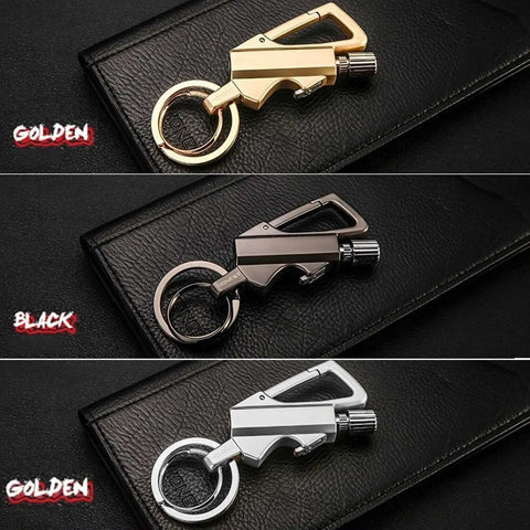 Three In One Lighter With Multitool Keychain Bottle Opener Portable Waterproof Ignite Tool For Camping Reusable Fire Starter All Weather Outdoor Gear EDC Ready And Durable in black, golden, and silver finishes on black background.