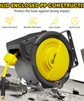 Heavy Duty Retractable Air Hose Reel With Auto Rewind And Full Pivot Swivel Wall Mount For Garage Crew Or DIY Pros Featuring Eighty Foot Three Eighth Inch Hybrid Line With Six Point Five Foot Lead In Tube Handling Three Hundred Psi No Fuss, showing impact-resistant PP construction.