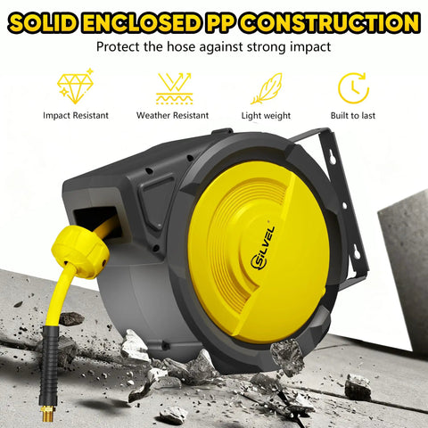 Heavy Duty Retractable Air Hose Reel With Auto Rewind And Full Pivot Swivel Wall Mount For Garage Crew Or DIY Pros Featuring Eighty Foot Three Eighth Inch Hybrid Line With Six Point Five Foot Lead In Tube Handling Three Hundred Psi No Fuss, showing impact-resistant PP construction.