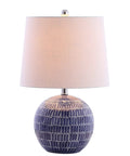 Navy Ceramic Hand Painted Scallop Sphere Table Lamp With White Linen Drum Shade For Coastal Transitional Bedside And Living Room Vibe LED Bulb Included ETL Listed 120 Volt Safe And Stylish