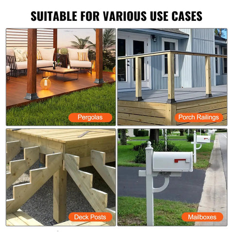 Heavy Duty 4x4 Post Base Brackets, 10 Pack, used in pergolas, porch railings, deck posts, and mailboxes.