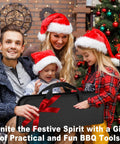 Family with Christmas hats holding 11 Piece Stainless Steel BBQ Tool Set With Storage Bag For Outdoor Grilling Camping And Backyard Use Dad Gifts For Fathers Day Includes Tongs Spatula Fork Knife Skewers Brush And Grill Cleaning Brush
