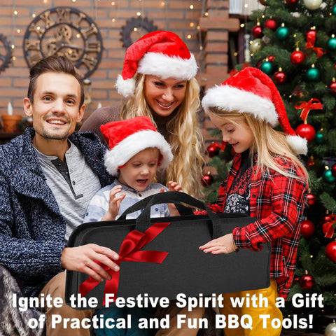 Family with Christmas hats holding 11 Piece Stainless Steel BBQ Tool Set With Storage Bag For Outdoor Grilling Camping And Backyard Use Dad Gifts For Fathers Day Includes Tongs Spatula Fork Knife Skewers Brush And Grill Cleaning Brush