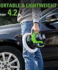 Man holding Cordless Orbital Buffer With 10 Inch Pad And 2800 RPM Long Runtime No Cord Convenience Includes 2.0Ah Battery And 2A Charger