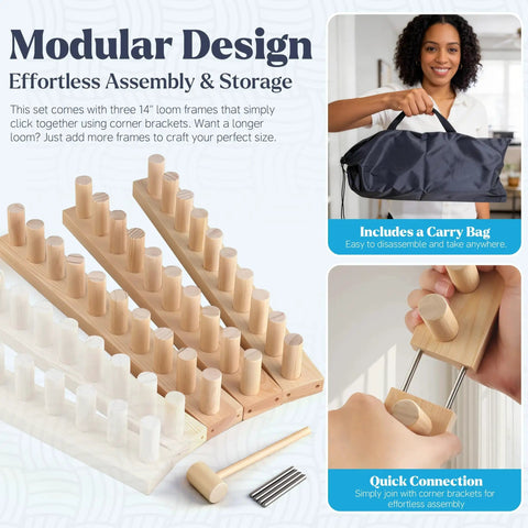 47 Inch Chunky Blanket Loom Adjustable Size For Thick Blankets And Scarves No Needles Required Beginner Friendly No Fuss Easy DIY Craft Kit Gift For Home Crafters And DIY Enthusiasts - modular wooden loom components shown with carry bag and assembly tools