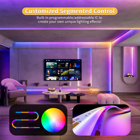 Dotless RGB LED Strip Lights With Smart IC Addressable COB Tape 16.4ft Flexible Chasing Color Changing 24V setup in living room