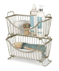 Large Stackable Wire Baskets For Pantry And Kitchen Counter Organizer with cleaning items in satin nickel finish, front view.
