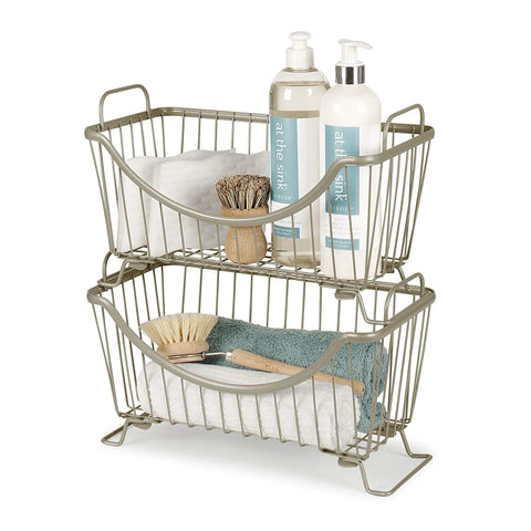 Large Stackable Wire Baskets For Pantry And Kitchen Counter Organizer with cleaning items in satin nickel finish, front view.