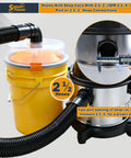 SplashPower Low Profile Cyclone Dust Separator For Shop Vac with yellow bucket and hose connections, suitable for 2-1/2" ports.