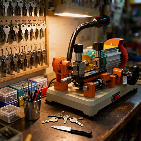 110V Upgraded Horizontal Key Cutter with Brush for Precise Auto Home and Office Key Cutting, copper motor visible on workbench