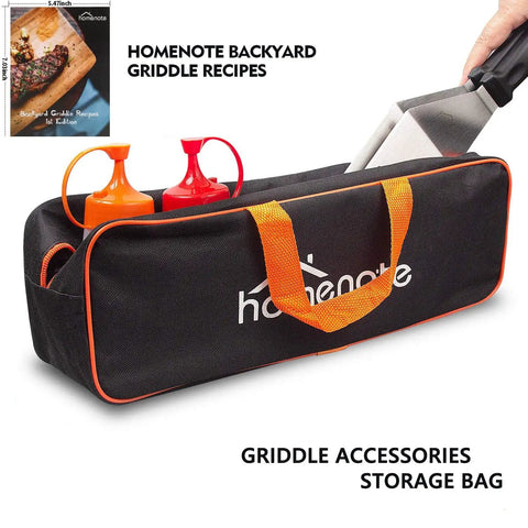 Heavy Duty Griddle Gear Kit Eight Piece Spatula Set For Blackstone Griddle with storage bag and accessories showing spatula and bottles