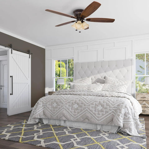 Glen Alden 52 Inch Indoor LED Ceiling Fan With Light Flush Mount Ceiling Fan With Pull Chain in bedroom setting.