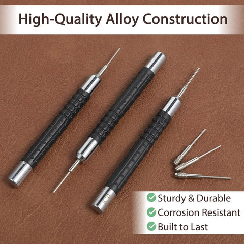 Three Piece Watch Link Remover Tool Kit With 0.7mm, 0.8mm And 0.9mm Precision Punches For Band Links on a brown background