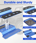 Aluminum RC Car Stand With 360 Degree Rotation Lift And Lower Screw Tray for 1/8-1/16 scale models, blue, with details and labels.