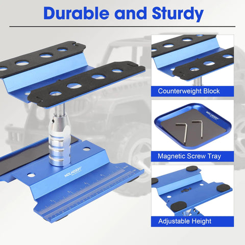 Aluminum RC Car Stand With 360 Degree Rotation Lift And Lower Screw Tray for 1/8-1/16 scale models, blue, with details and labels.