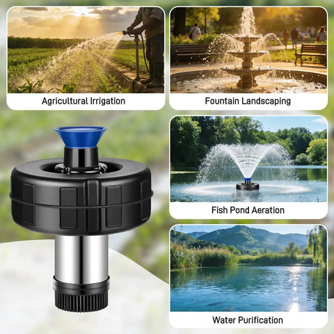 Beefed-Up 15000 GPH Pond Fountain Aerator with Timer 110V 750W, showing dual spray patterns in diverse water applications