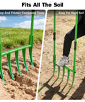 Heavy Duty Broadfork For All Soils With Unbreakable Build, Five Sharp Cambered Eleven Inch Tines in green used on soil