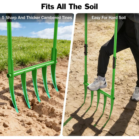Heavy Duty Broadfork For All Soils With Unbreakable Build, Five Sharp Cambered Eleven Inch Tines in green used on soil