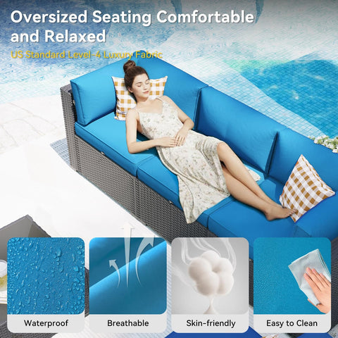 Person lounging on All Weather Wicker Outdoor Furniture Set, 7 Piece Sectional Sofas With Waterproof Cover, peacock blue.
