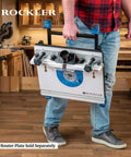 Serious Road Trip Ready Convertible Benchtop Router Table With Four Quick Change Configurations Built For Daily Drivers And Woodworking Professionals Folding Flat For Tailgate Setup, portable design held by a user.
