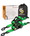 Beefy Retractable Ratchet Tie-Down Straps With 5,000 Lbs Breaking Strength, displayed with packaging and carrying bag