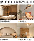 4W LED Candelabra Bulbs 6-Pack used in chandeliers, lamps, pendants, and ceiling fans showing versatile lighting in various rooms.