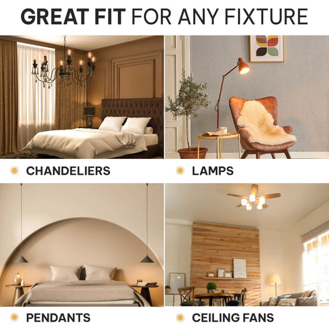 4W LED Candelabra Bulbs 6-Pack used in chandeliers, lamps, pendants, and ceiling fans showing versatile lighting in various rooms.