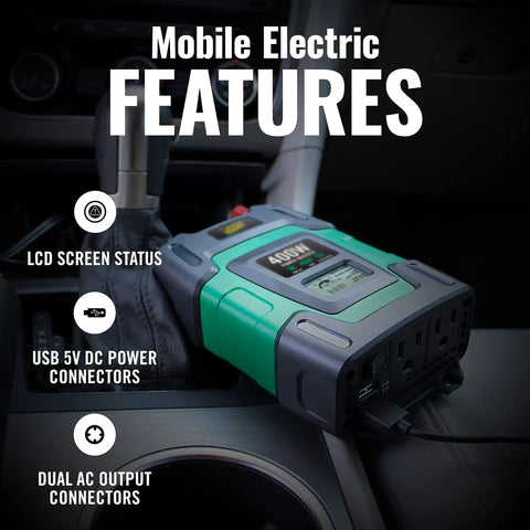 Top Rated 400 Watt Dc To Ac Power Inverter For Cars Rvs And Trailers Features Dual Ac Outlets Plus Two Usb Ports That Hella Crush Your Weekend Trips While The Smart Lcd Panel Monitors Real Time Voltage with LCD screen and connectors