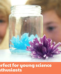 Children observing blue and purple crystals from Crystal Growing Science Kit For Kids And Teens, 7 Hands On DIY Lab Experiments With Display Case