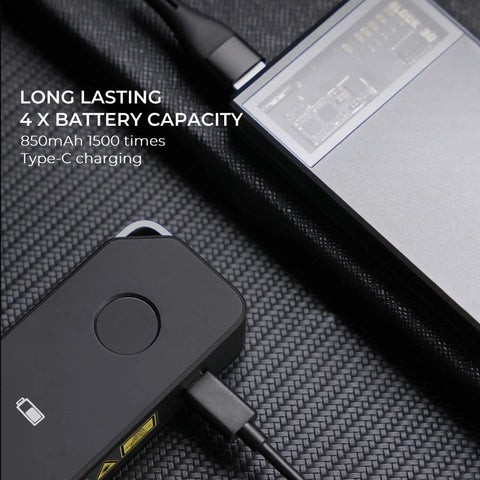 164ft Laser Distance Meter With Digital OLED Display Compact Laser Measuring Tool For Distance Angle Height And Area Unit Switching M In Ft Type C Charging Bluetooth App Support Ideal For DIYers And Contractors On The Job showing Type-C charging next to a laptop with 4x battery capacity.