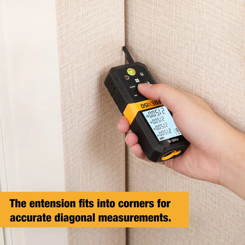Laser Distance Measurer With 215 Ft Range, Diagonal Measuring Extension, And Mute Beep For Quiet Spaces, 100 Group Memory And Add Subtract Calculations, Ideal For Builders, Contractors, And DIYers measuring a corner wall angle