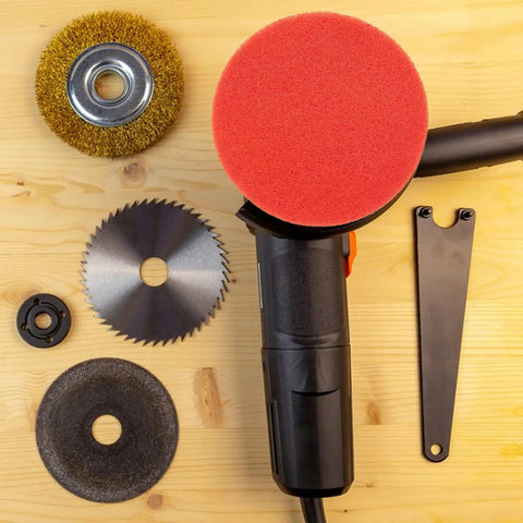 Premium 10 Pack Orange Nylon Wood Sanding Discs With Hook And Loop Design For Rapid Grinding and Flaw Repair On Tools shown with power tool attachments.