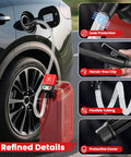 Electric Fuel Transfer Pump With Auto Stop For Gas Cans, 3.8 GPM Flow, 51 Inch Hose, Four Size Adapters in use with car.