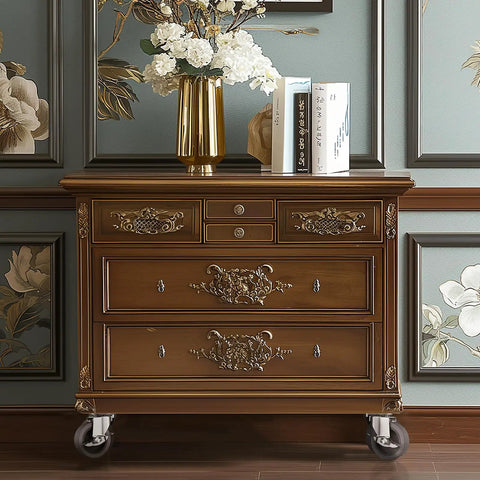 Traditional wooden dresser with ornate design mounted on 2 Inch Heavy Duty Caster Wheels Set Of 4 With Brakes Locking Swivel Casters