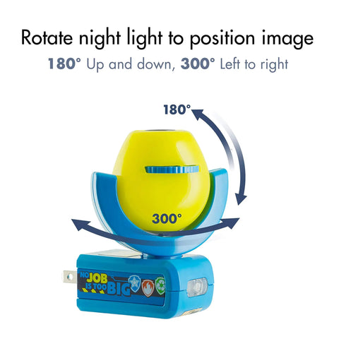 Paw Patrol Led Night Light Projector With Dusk To Dawn Sensor showing rotation angles for image projection in kids' rooms.