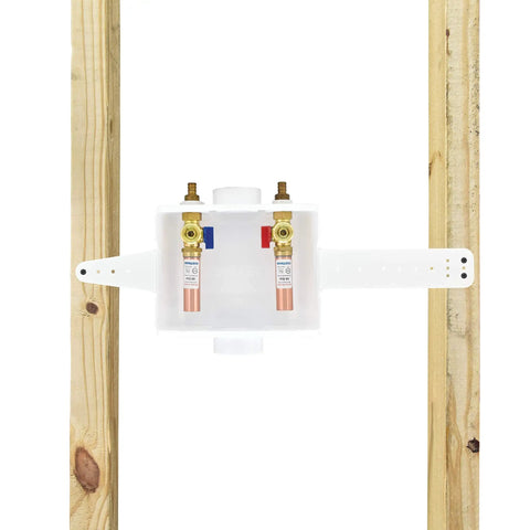 Half Inch Crimp PEX Connection White Center Drain Washing Machine Outlet Box With Hammer Arrestors installed in wall frame