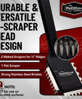 Heavy Duty 3 In 1 Panini Grill Brush Cleaner With Stainless Steel Scraper Tool featuring durable 3-scraper head design and ribbed blades.