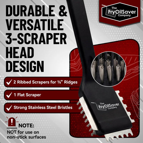 Heavy Duty 3 In 1 Panini Grill Brush Cleaner With Stainless Steel Scraper Tool featuring durable 3-scraper head design and ribbed blades.