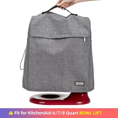 Gray Stand Mixer Dust Cover With Zipper Pocket For 6 To 8 Quart Bowls with handle shown on KitchenAid bowl lift base.