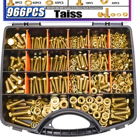 Mega Heavy Duty Metric Bolt And Nut Kit 966 Piece Grade 8 8 With Portable Storage Box Includes M4 To M8 Hex Bolts Nuts And Washers