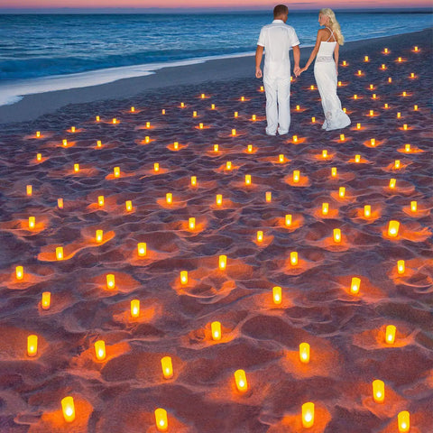 Rechargeable Flameless Tealight Candles Set 12 Pack With White Base And USB Charging Dock Flickering LED Tea Lights on beach