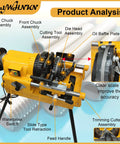 Close-up of Heavy Duty Electric Pipe Threader Cutter Machine components, showcasing die head, cutting tool, and oil baffle plate.